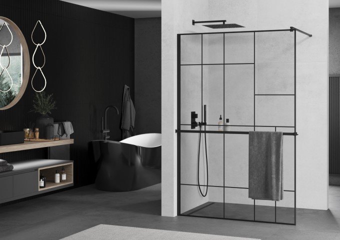 Black shower panel in a modern bathroom