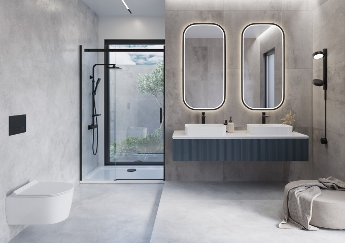 Modern bathroom with shower cabin and two sinks