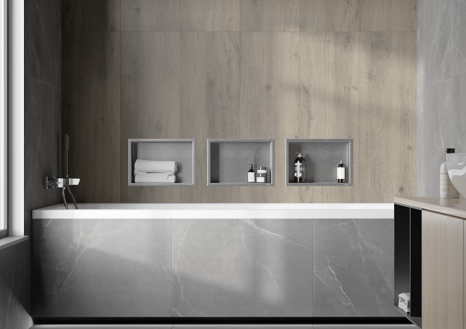 modern bathroom with rectangular bathtub