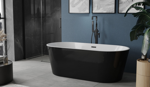 Bathroom with a Navy Wall and Black Accents