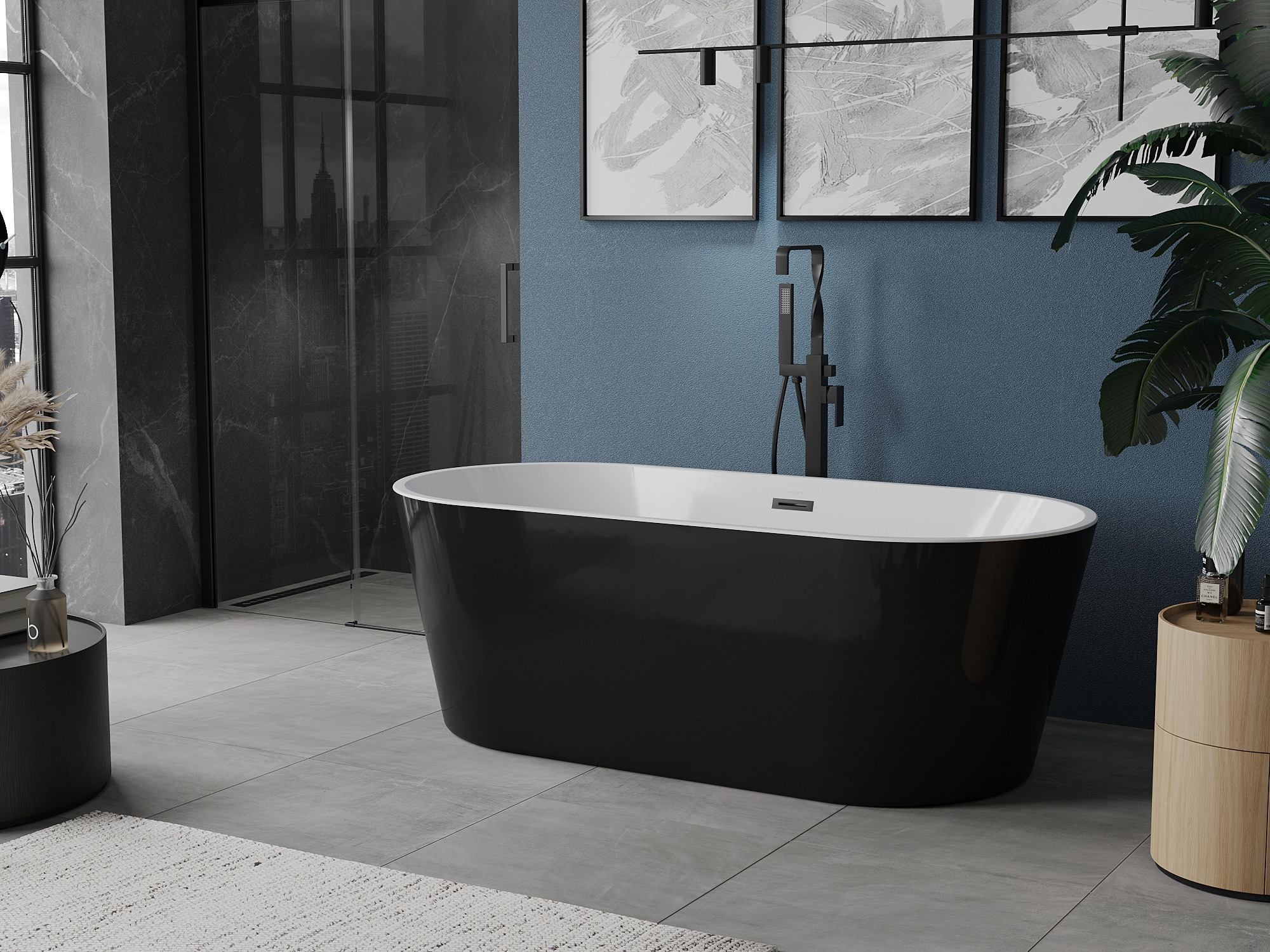 Bathroom with a Navy Wall and Black Accents