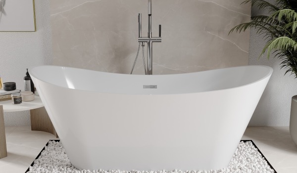 Freestanding Bath in a Beige Bathroom