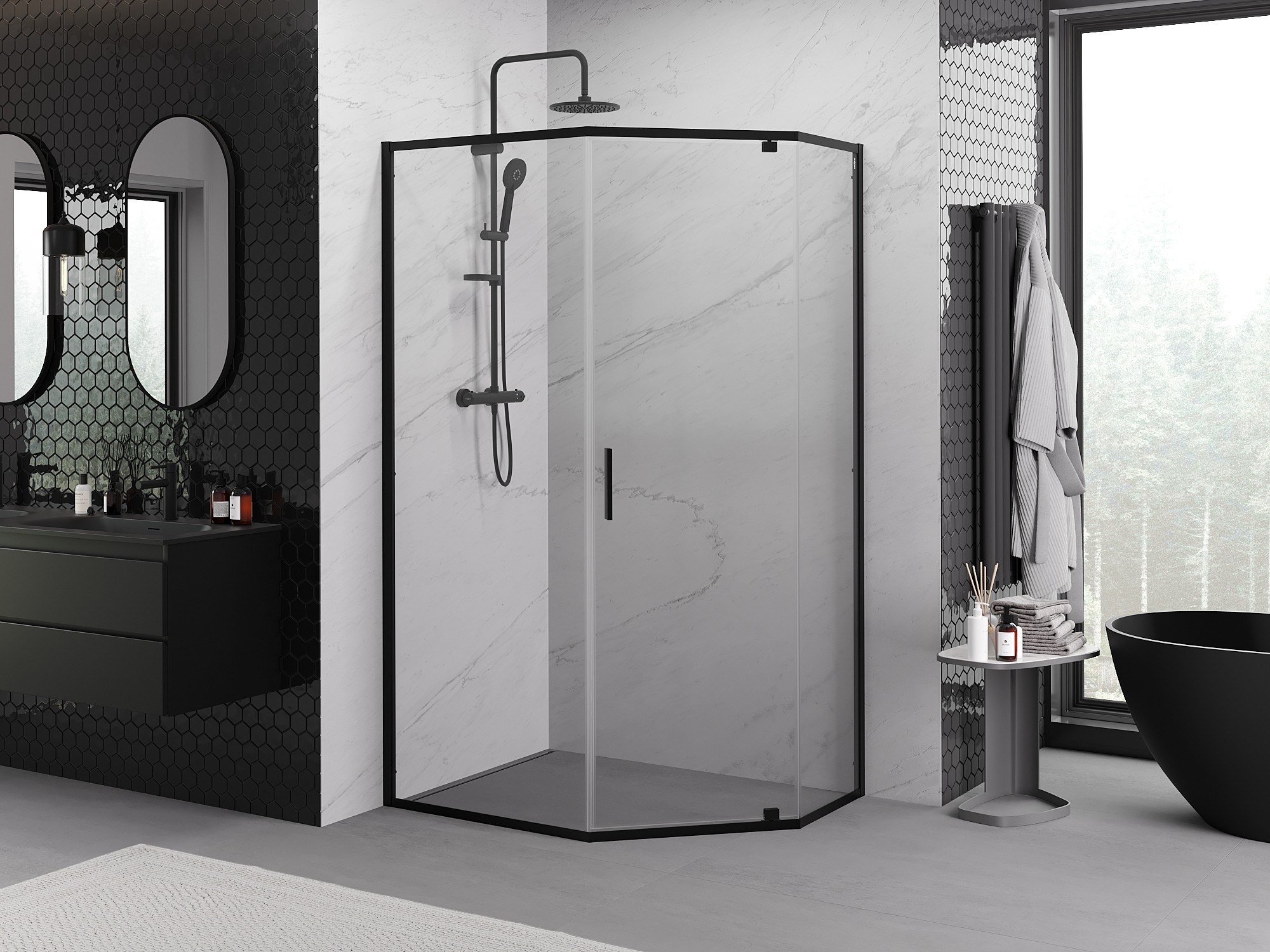 Black Pentagonal Cabin - Modern Geometry in an Elegant Bathroom