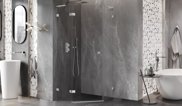 Gray bathroom inspired by a SPA hotel with a pentagonal cabin