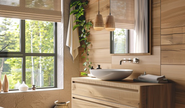 Wood-like tiles in a small bathroom — a way to achieve a trendy and functional interior