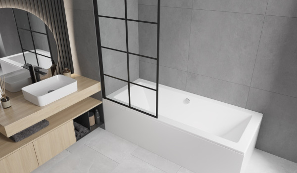 Rectangular bath with screen in a minimalist style