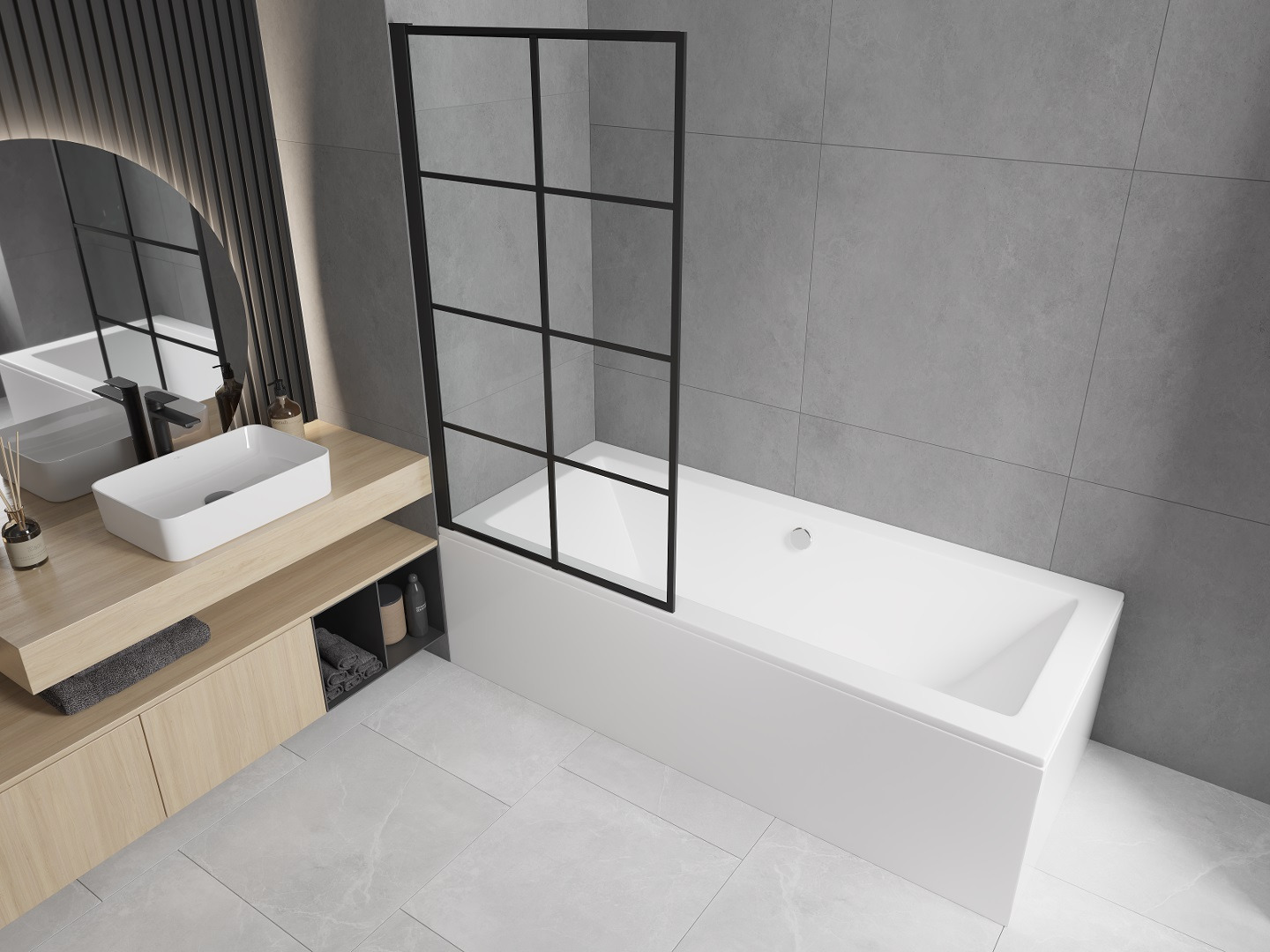 Rectangular bath with screen in a minimalist style