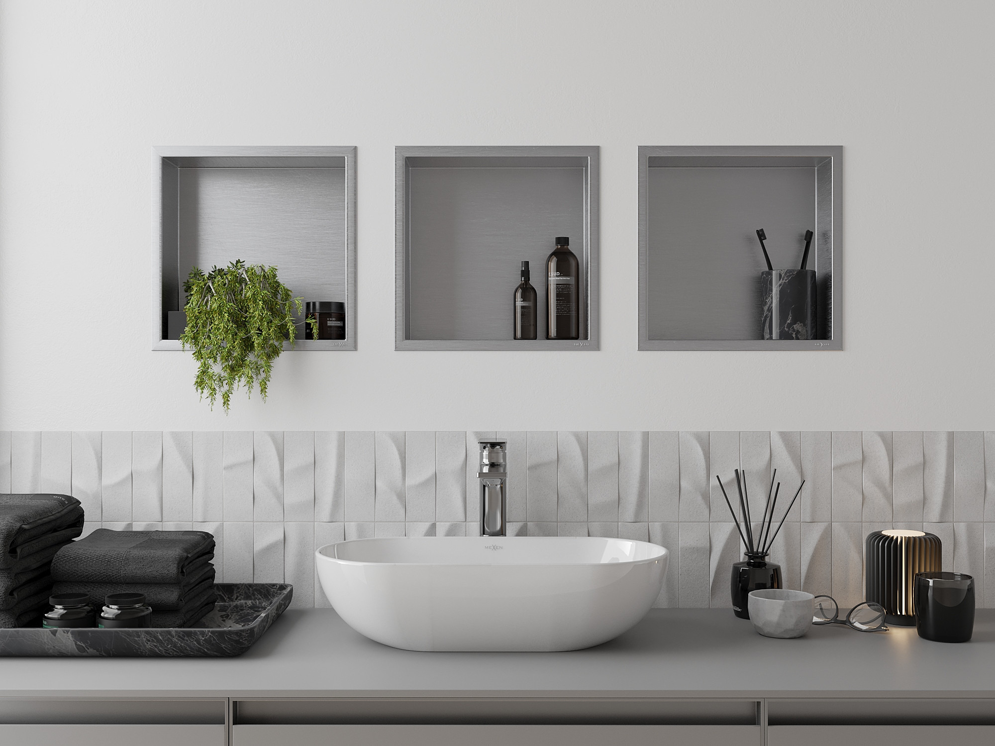 Modern arrangement of the washbasin area with built-in shelves