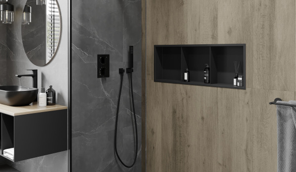 Industrial bathroom with a built-in shower shelf