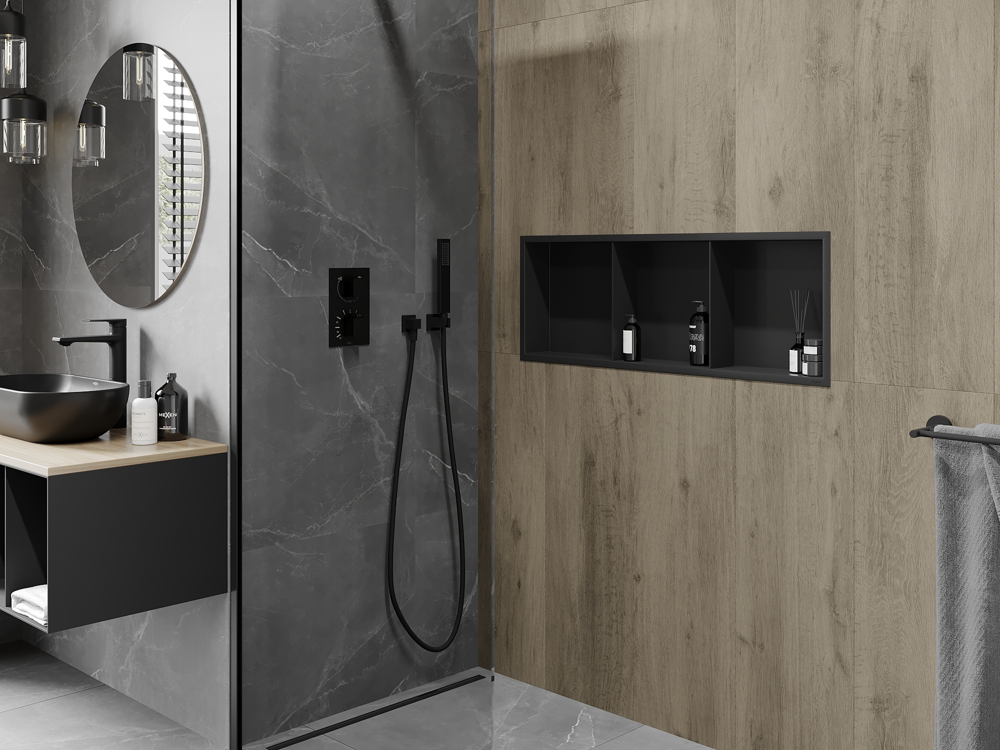 Industrial bathroom with a built-in shower shelf