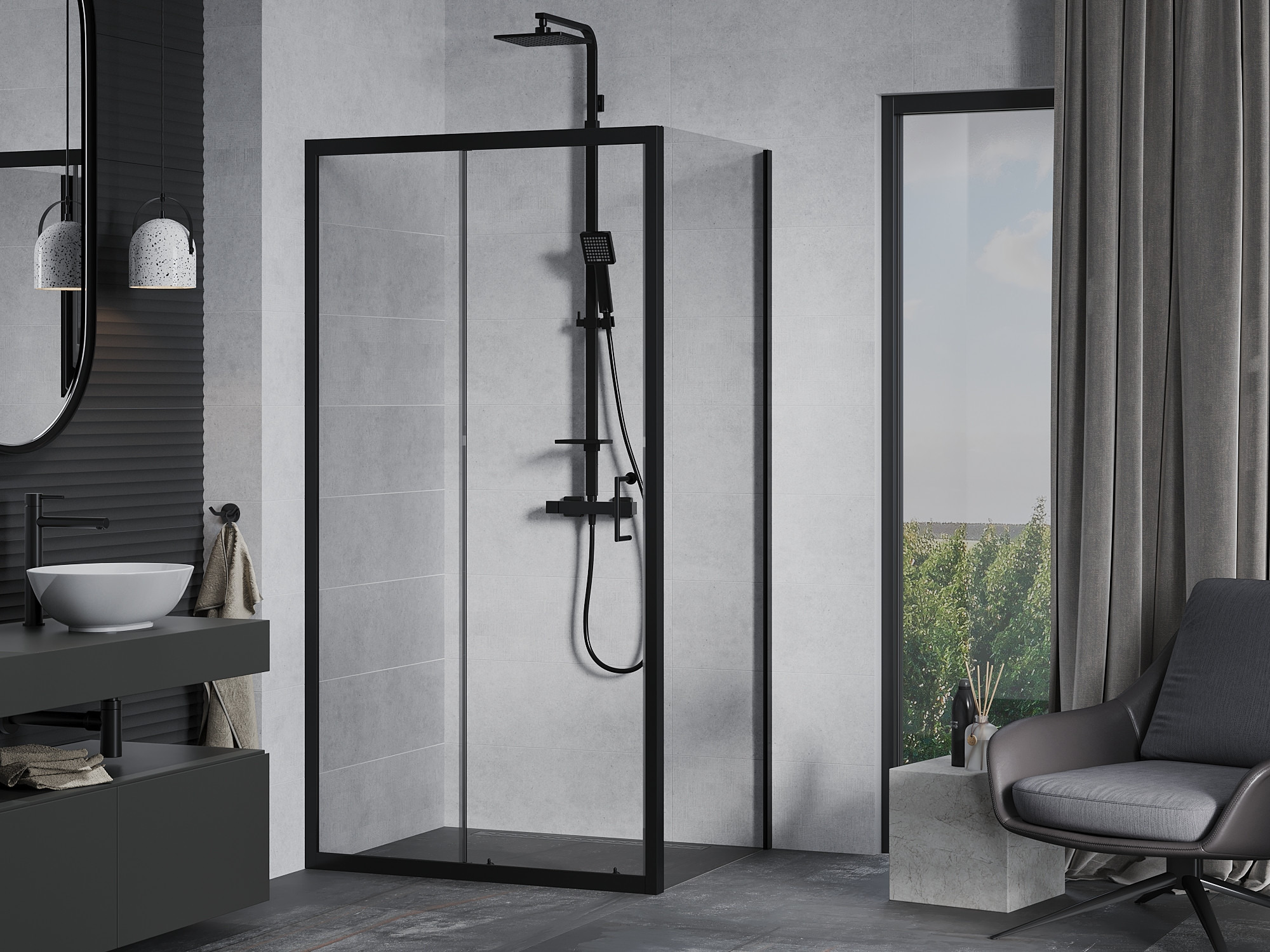 Grey interior with black shower enclosure
