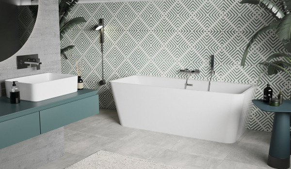 Concrete bathroom with boho style elements