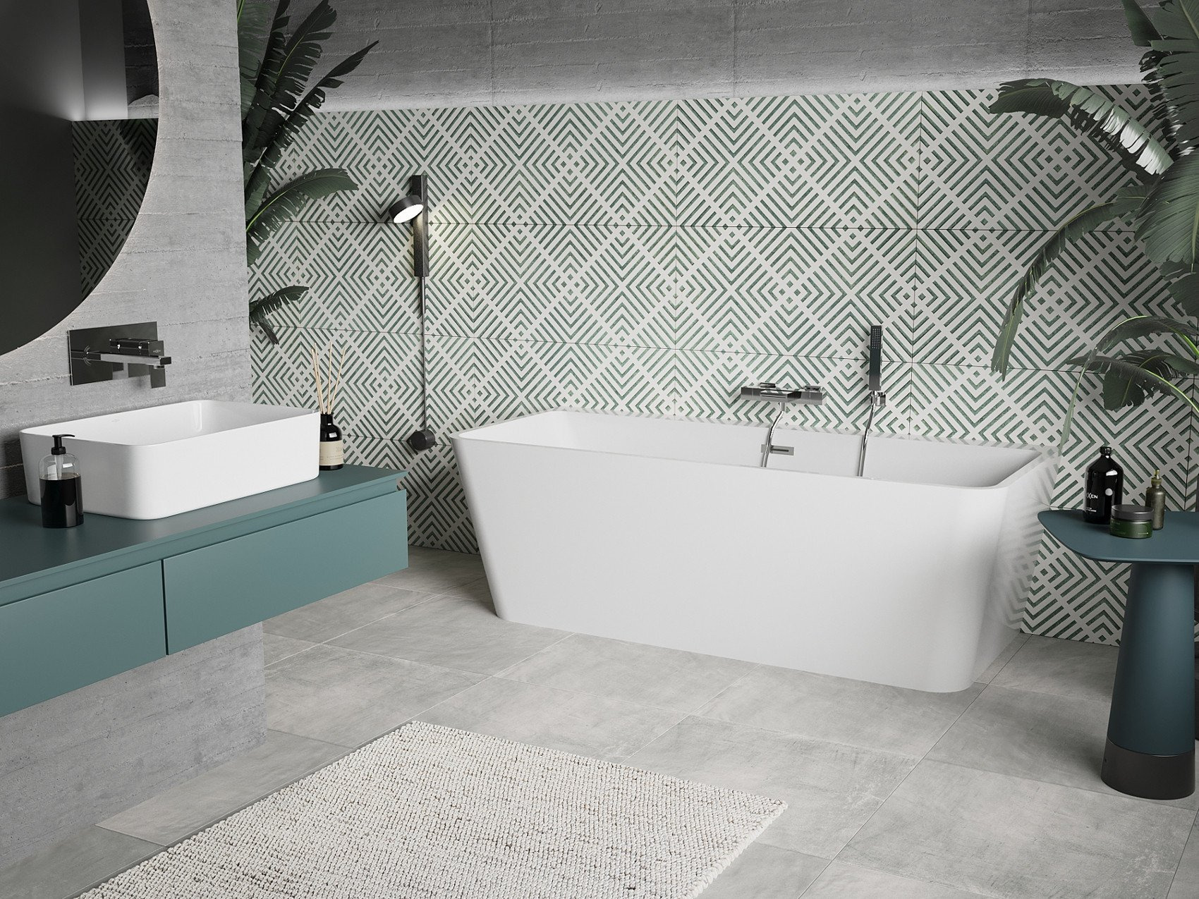 Concrete bathroom with boho style elements
