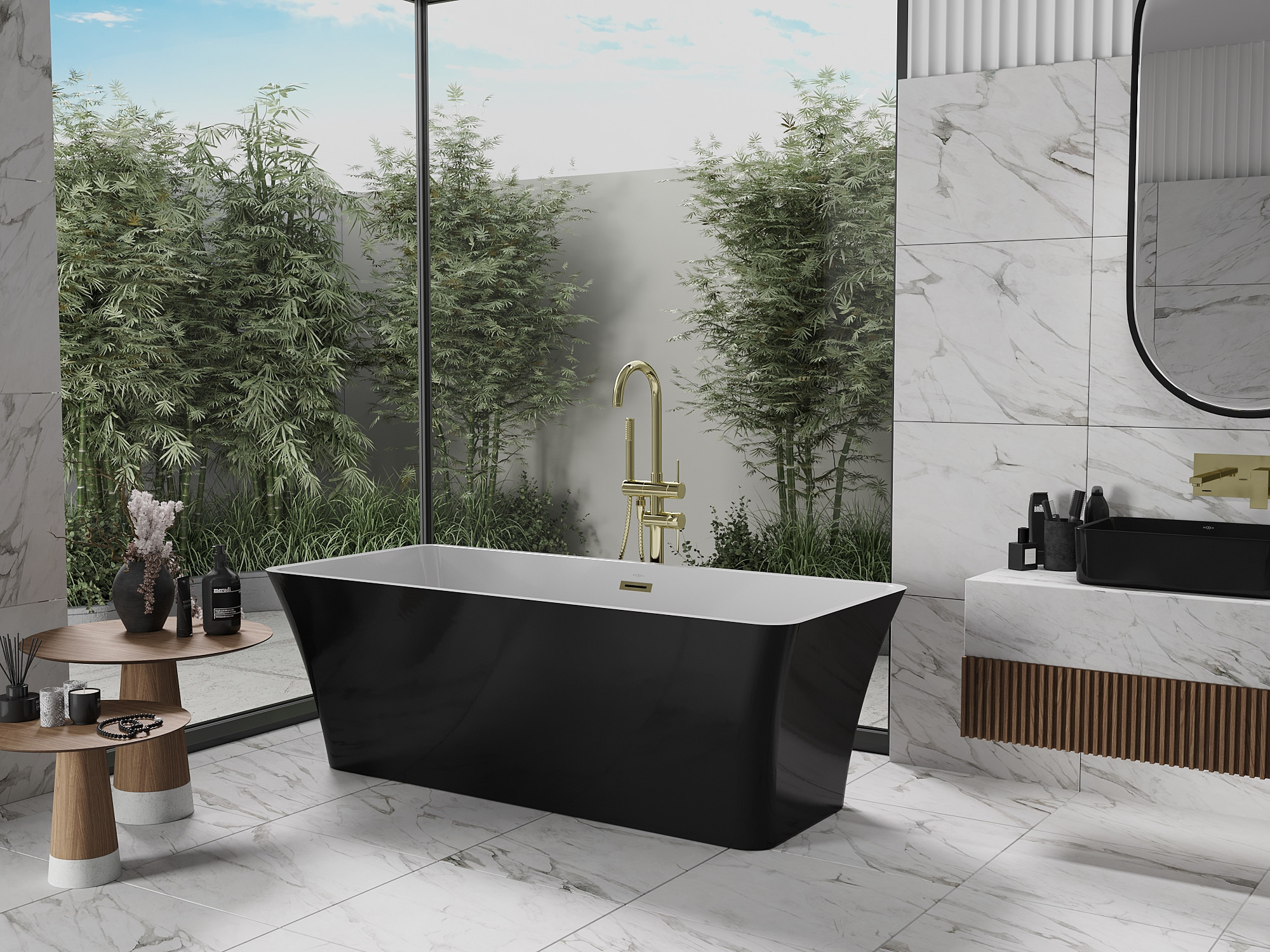 Combination of Black and Gold in a Marble Bathroom
