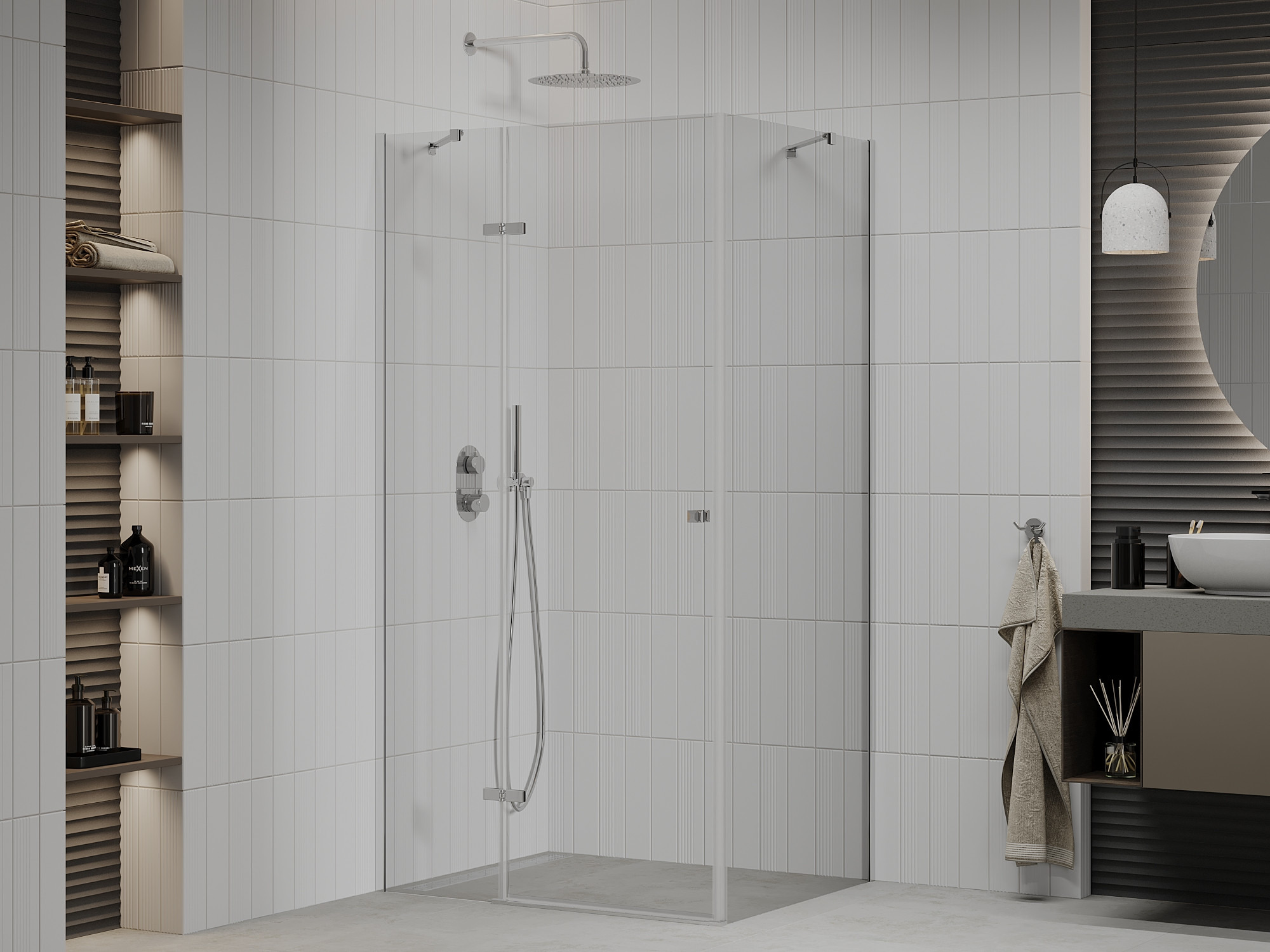 Cozy Bathroom: Combination of Beige Walls with a Shower Enclosure
