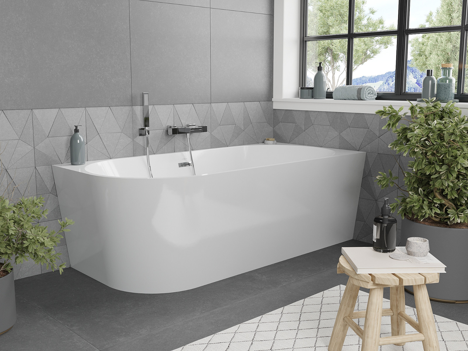 Freestanding Corner Bathtub in a Gray Nature-Inspired Bathroom