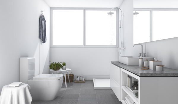 The position of a rectangular shower tray in the bathroom