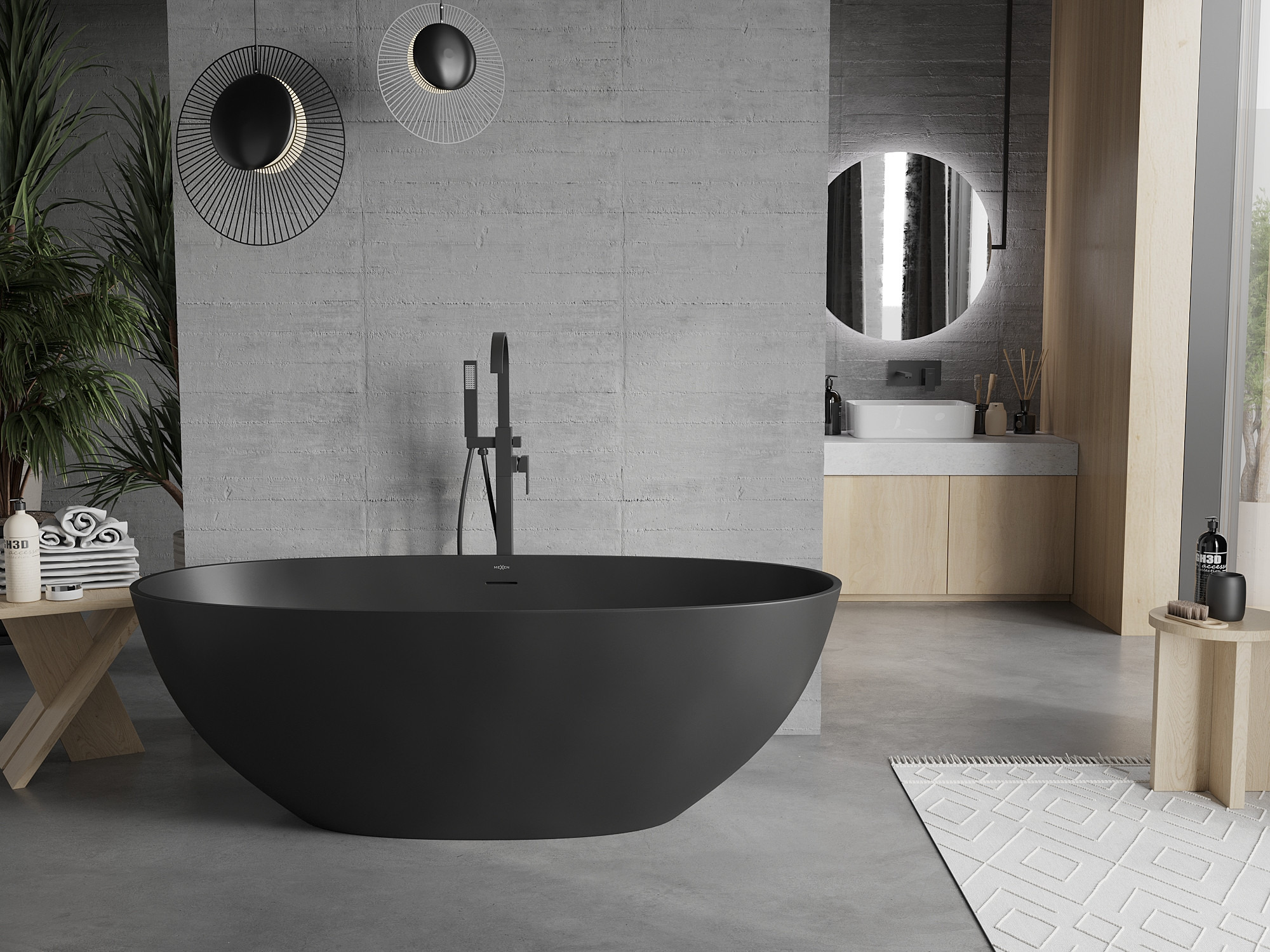 Grey bathroom with black accessories