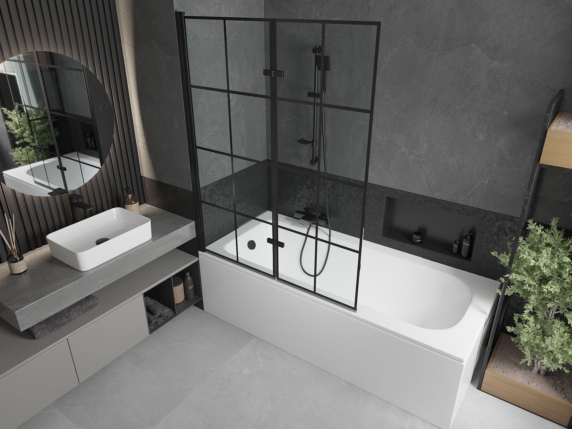 Bathtub with a screen in an industrial vibe