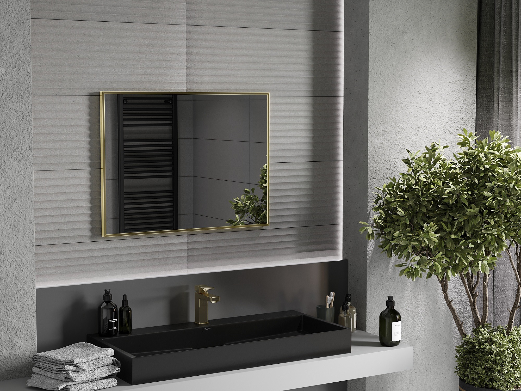Golden details in a dark bathroom