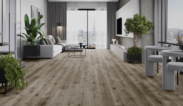 Modern living room with wood-effect flooring