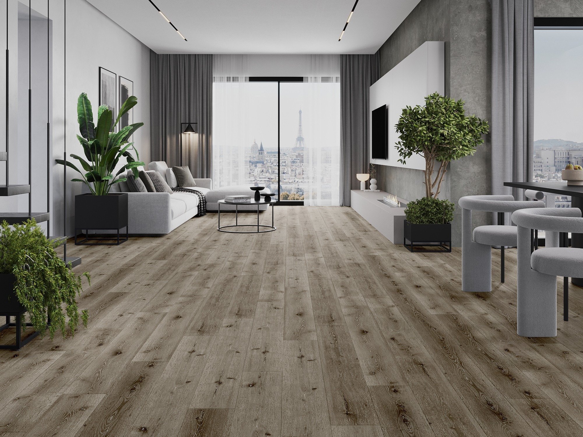 Modern living room with wood-effect flooring
