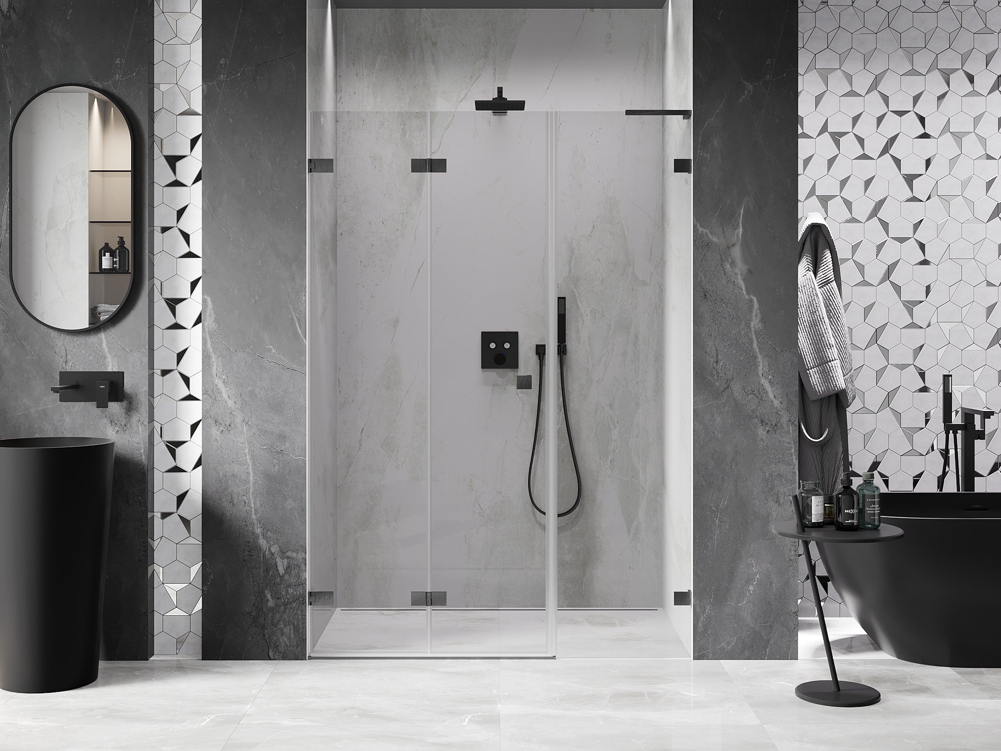 Bathroom with Geometric Tiles on the Wall